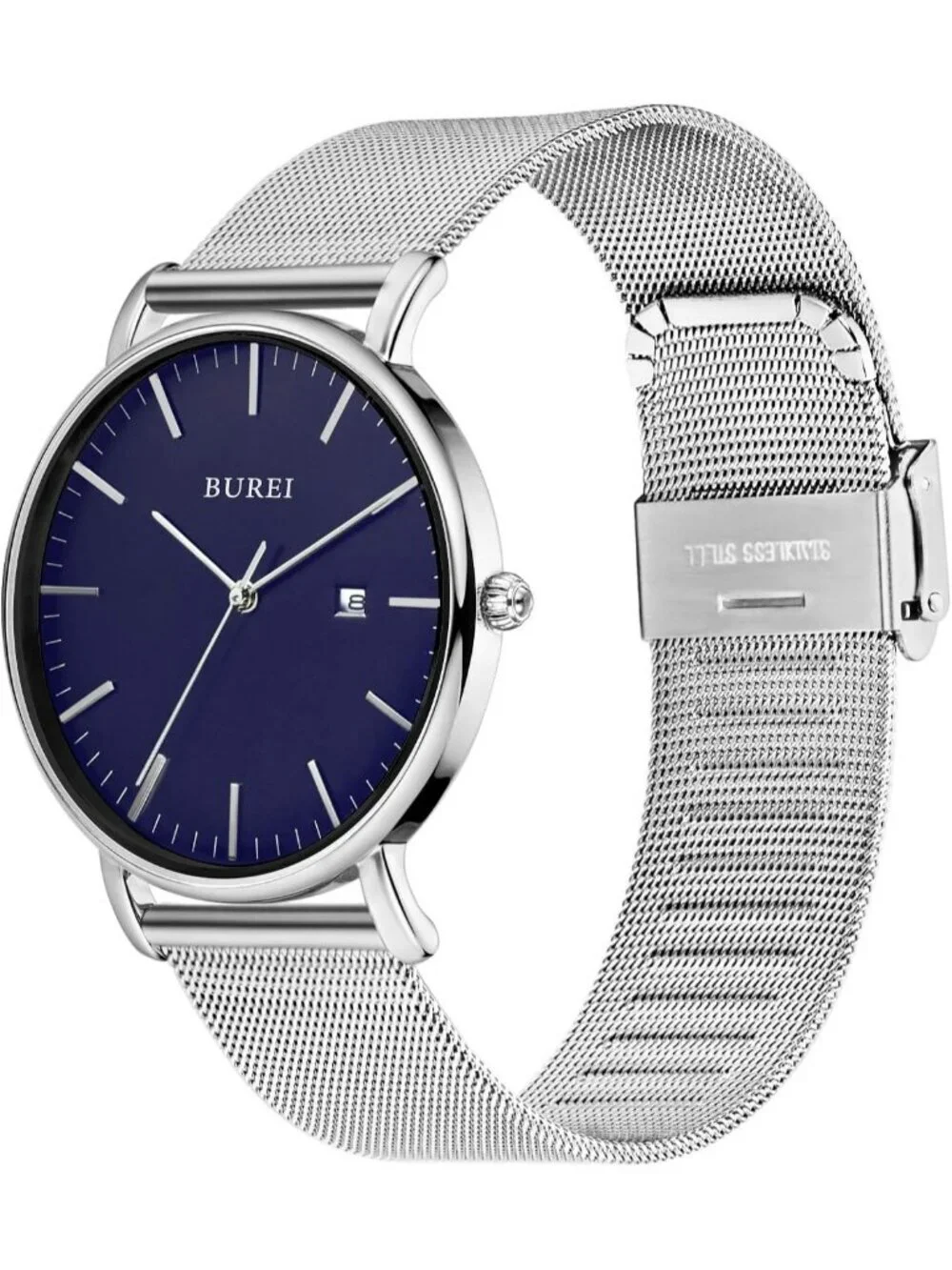 Men's Silver Blue Classic Mesh Strap Minimalist Analog Quartz Waterproof Watch